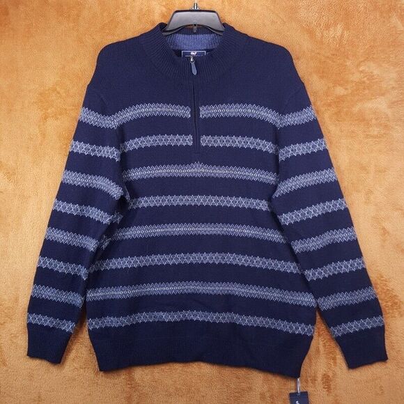 VINEYARD VINES Sweater Mens XL Blue 1/4 Zip Pullover Fair Ilse Stripe Wool $188 - Picture 2 of 9